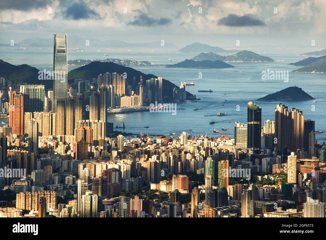 Aerial beautiful cityscape of Hong Kong under the cloudy blue sky in ...