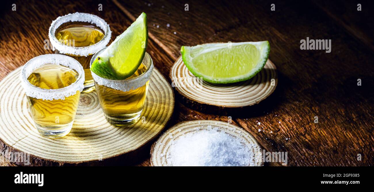 tequila, fiery drink, strong alcohol content. Image of bar and restaurant, for menu. International tequila day. Stock Photo