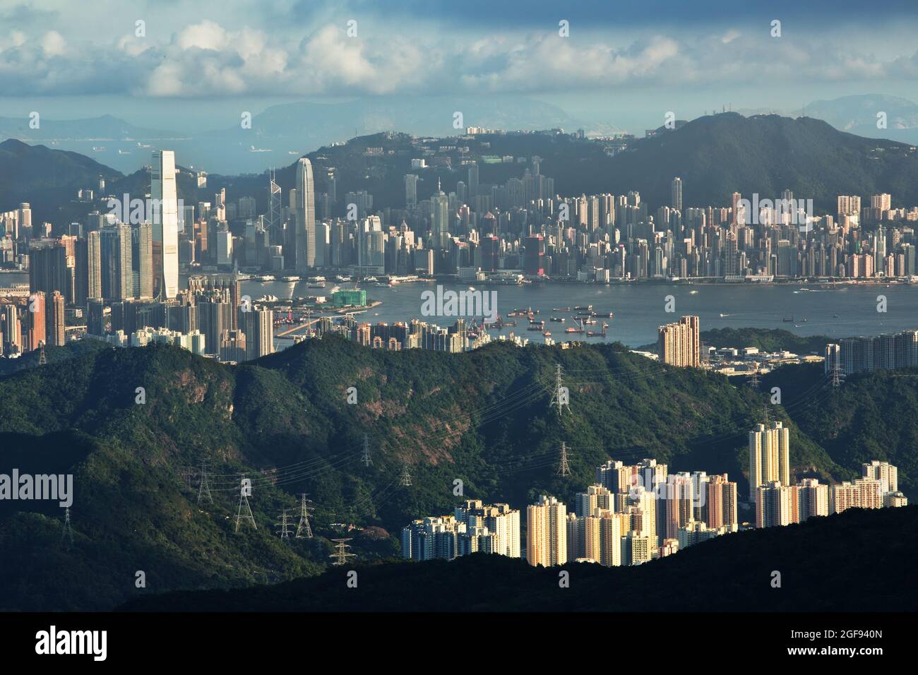 Aerial panoramicbeautiful cityscape of Hong Kong under the cloudy blue ...