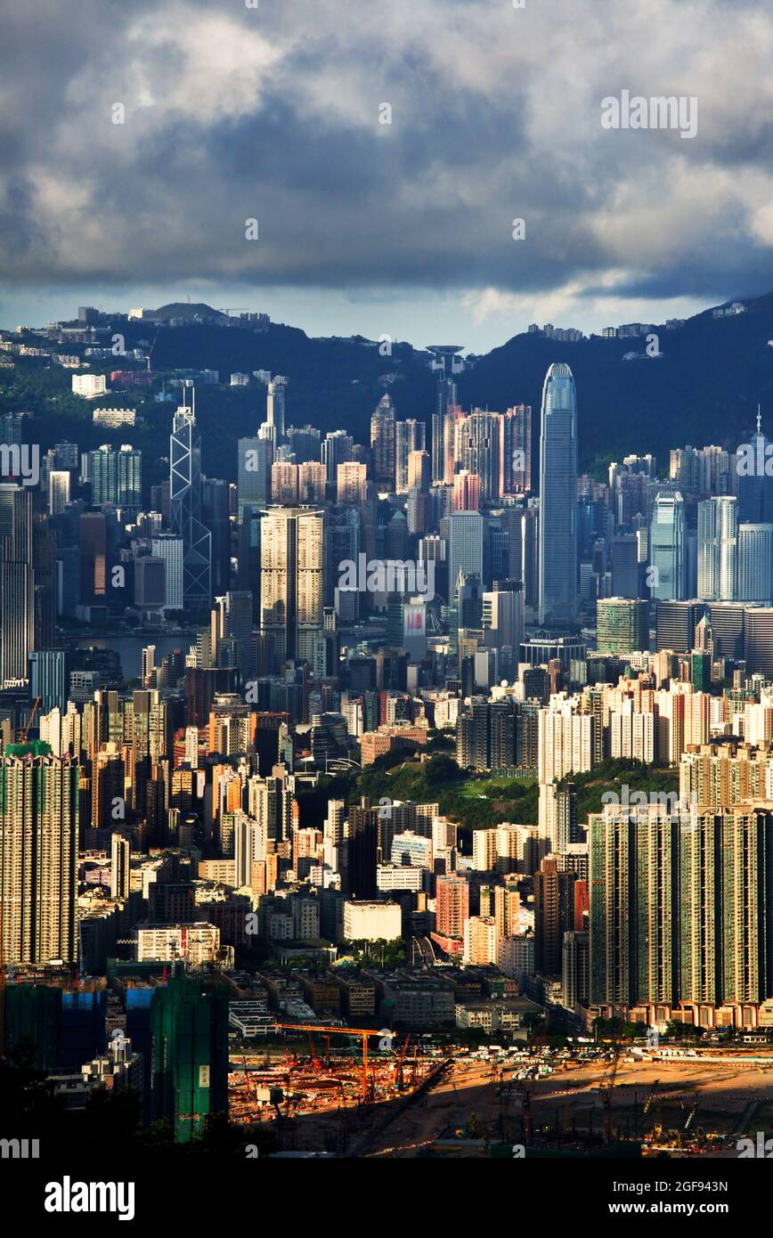 Aerial beautiful cityscape of Hong Kong under the cloudy blue sky in ...