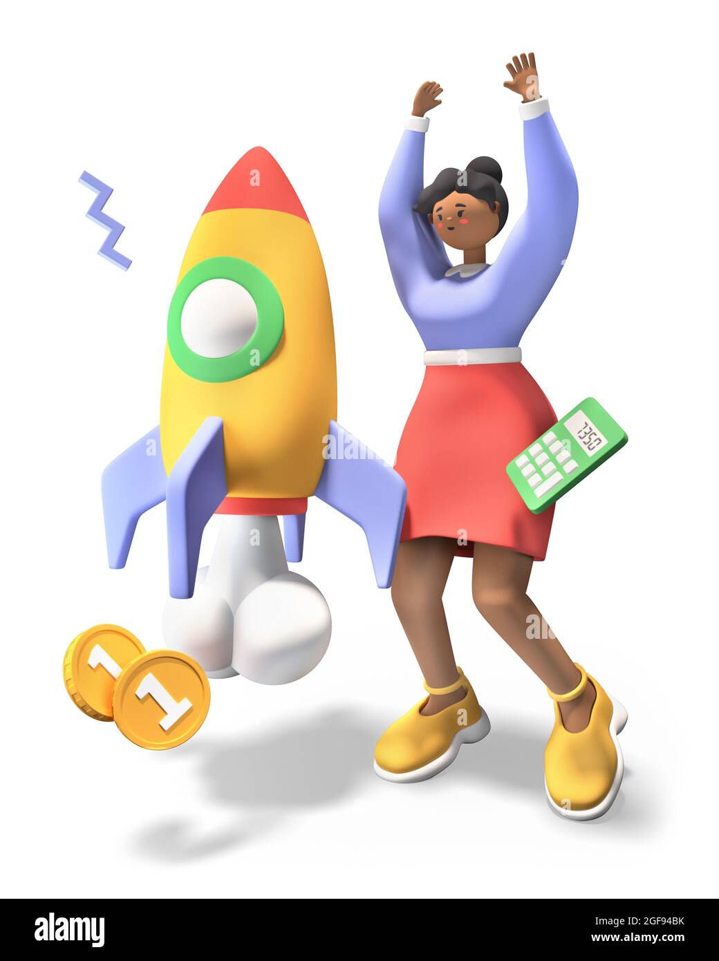 Successful launch - colorful 3D style illustration cartoon style character. Young African American girl is happy to takeoff the rocket, which symboliz Stock Photo