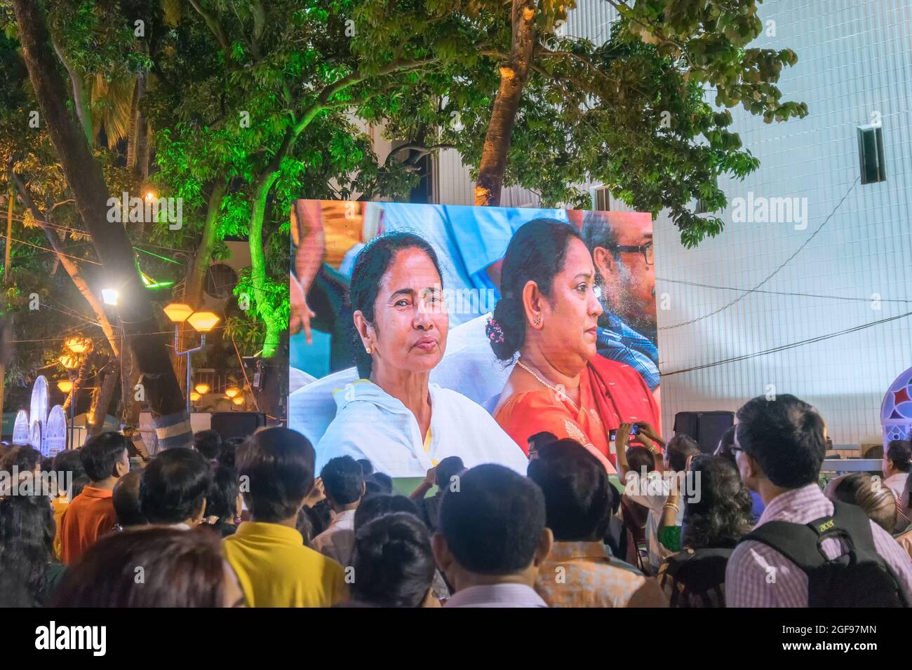 KOLKATA, WEST BENGAL , INDIA - 9TH MAY 2017 : Chief Minister of West Bengal, Ms. Mamata Banerjee, smiling to the audience from screen at Rabindra Jaya Stock Photo