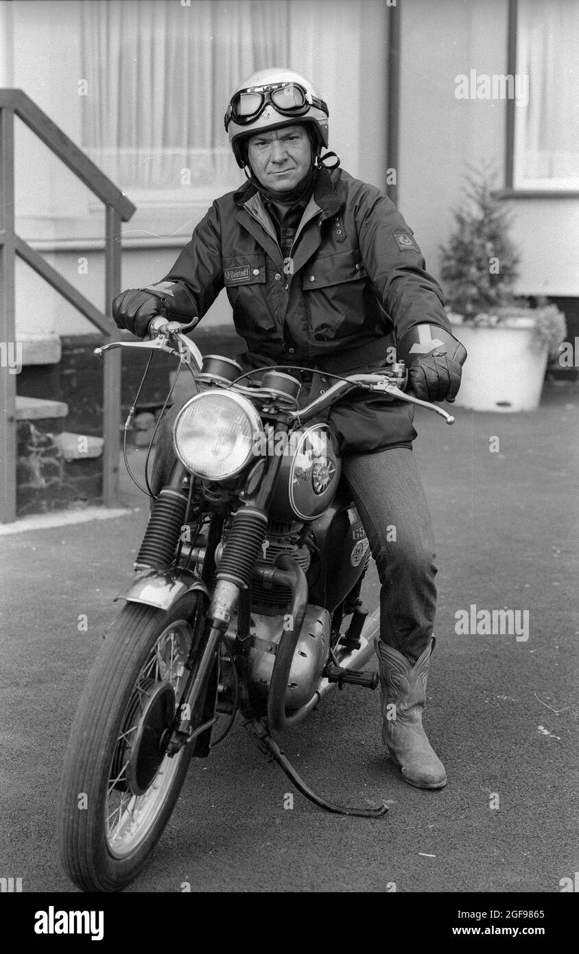 Actor Michael Elphick on a motorcycle as part of his character for the TV series BOON for the Birmingham  commercial TV company Central in 1985 Stock Photo