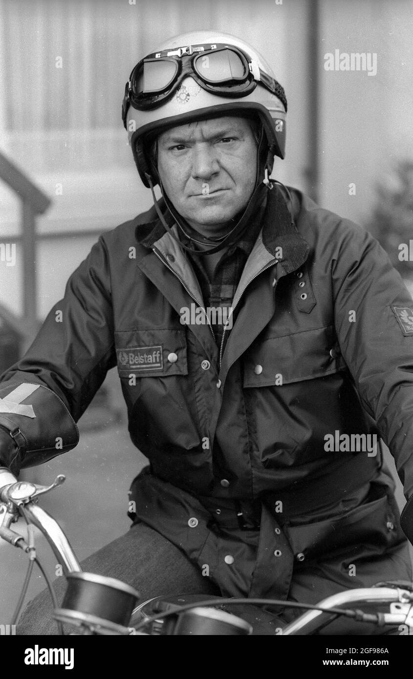 Actor Michael Elphick on a motorcycle as part of his character for the TV series BOON for the Birmingham  commercial TV company Central in 1985 Stock Photo
