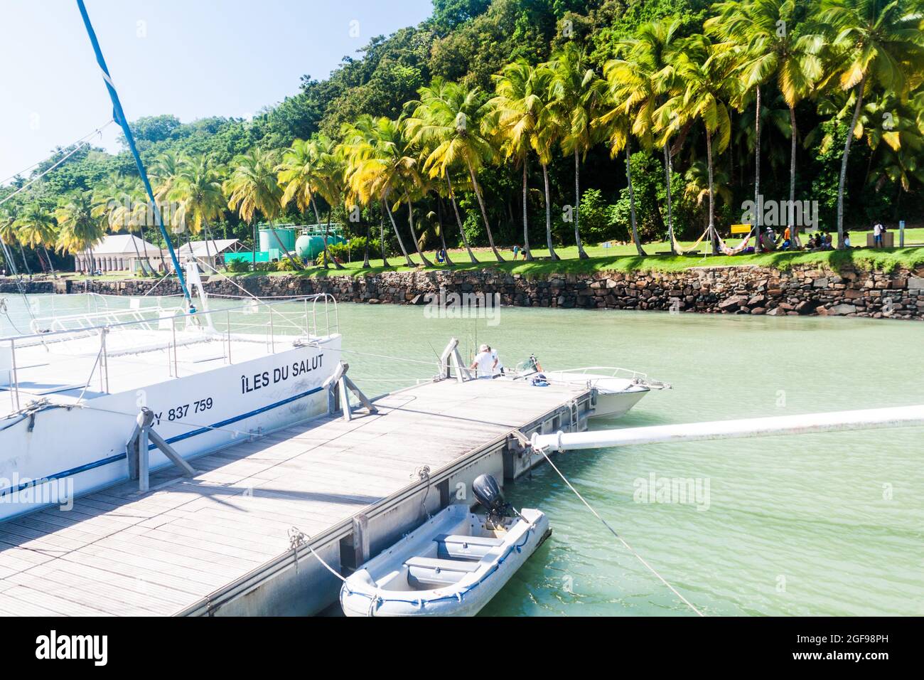 ILE ROYALE, FRENCH GUIANA - AUGUST 2, 2015: Pier at Ile Royale, one of the islands of Iles du Salut (Islands of Salvation) in French Guiana. Stock Photo