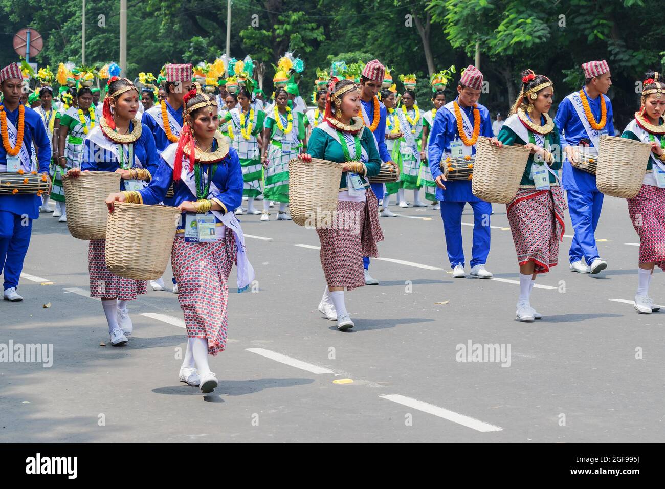 KOLKATA, WEST BENGAL / INDIA AUGUST 15TH, 2016 Female folk dancers marching past in India's
