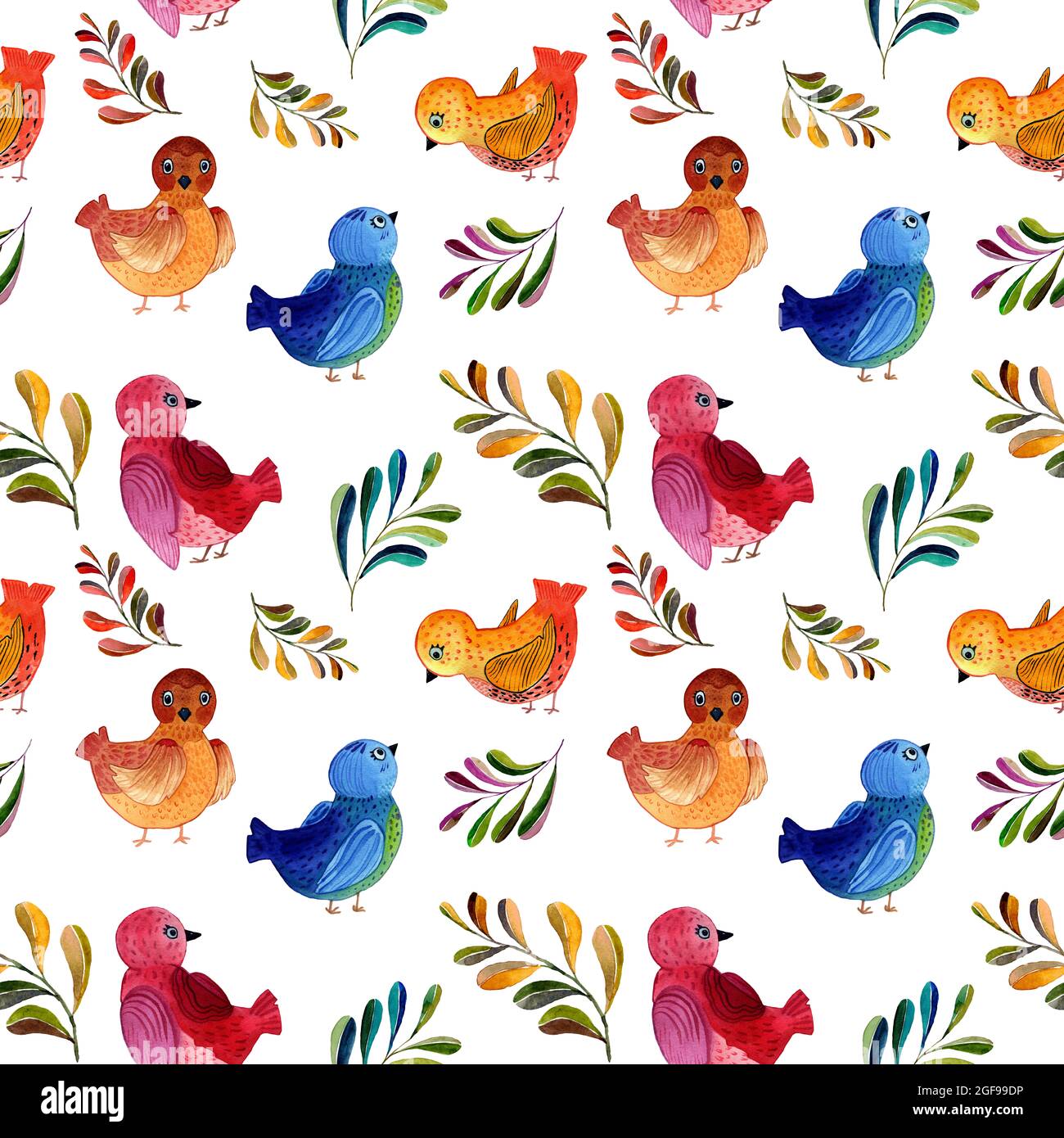 Watercolor hand-drawn seamless pattern of robin birds on white background. Sitting and flying birds in cartoon style red green blue colors. Decor Stock Photo