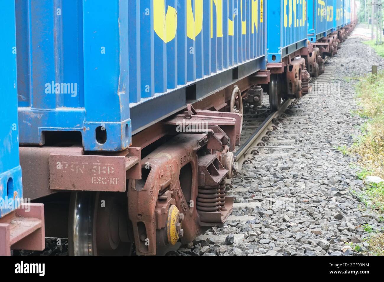 Howrah, West Bengal , India - 19th August 2018 : A railway wagon is passing through railway tracks. Huge Industrial goods are carried across the count Stock Photo