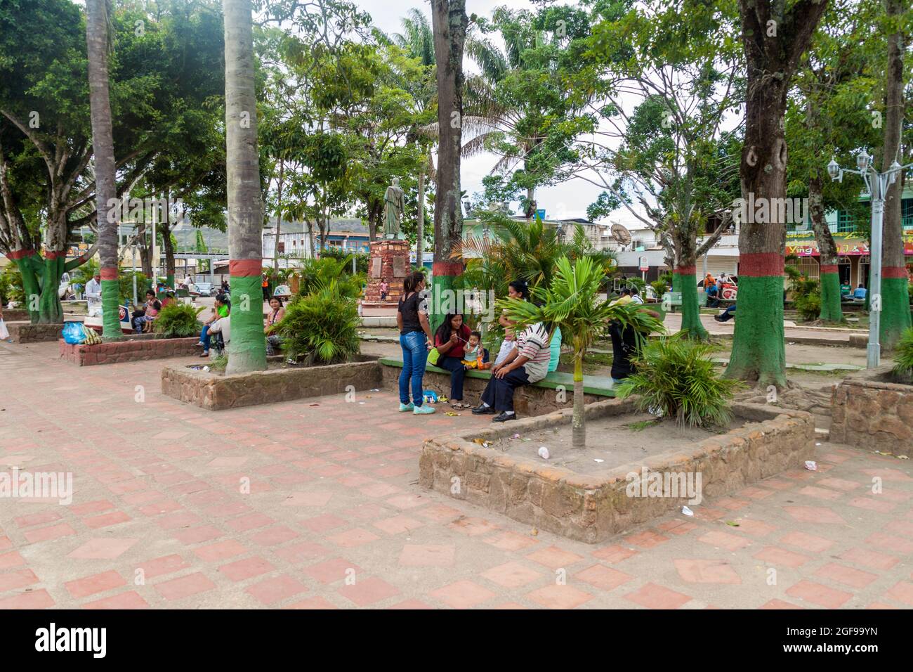 SANTA ELENA DE UAIREN, VENEZUELA - AUGUST 12, 2015: Plaza Bolivar square in Santa Elena town. Santa Elena is home to many travel agencies offering tou Stock Photo