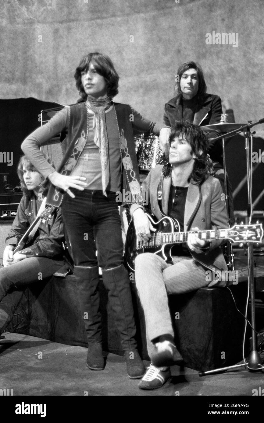 File photo dated 14/12/69 of The Rolling Stones rehearsing at the Saville Theatre, London, left to right, Mick Taylor, Mick Jagger, Keith Richards and Charlie Watts (behind). The Rolling Stones drummer Charlie Watts has died at the age of 80, his London publicist Bernard Doherty said in a statement to the PA news agency. Issue date: Tuesday August 24, 2021. Stock Photo