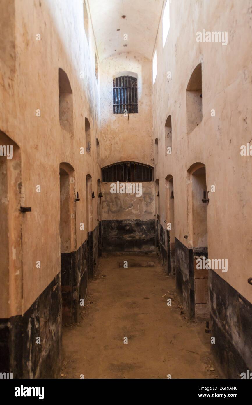 Interior of a former prison at Ile Royale, one of the islands of Iles du Salut (Islands of Salvation) in French Guiana. Stock Photo