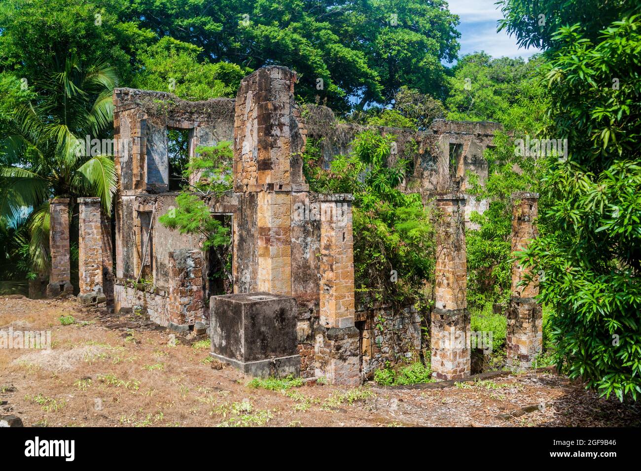 Ruins of a former penal colony at Ile Royale, one of the islands of Iles du Salut (Islands of Salvation) in French Guiana Stock Photo