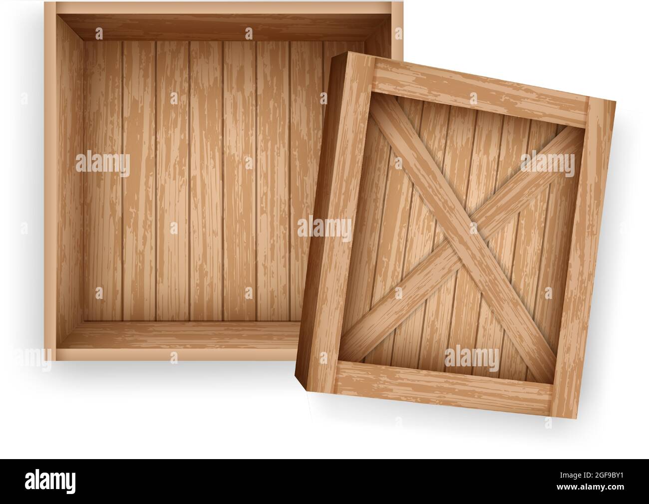 Realistic wooden container with lid. Open crate made of planks for