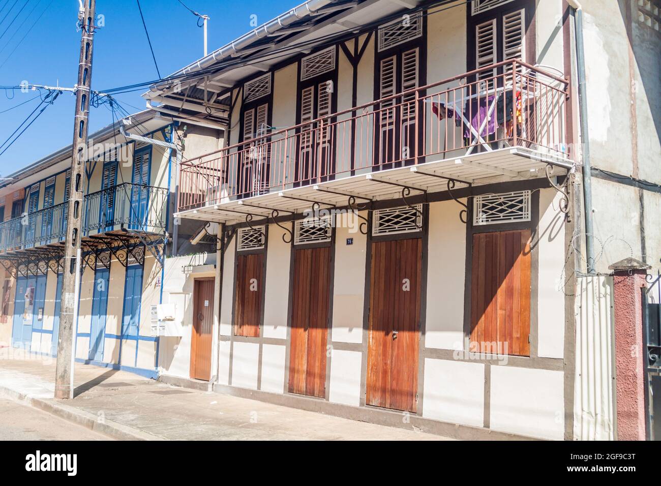 View of houses in the center of Cayenne, capital of French Guiana. Stock Photo