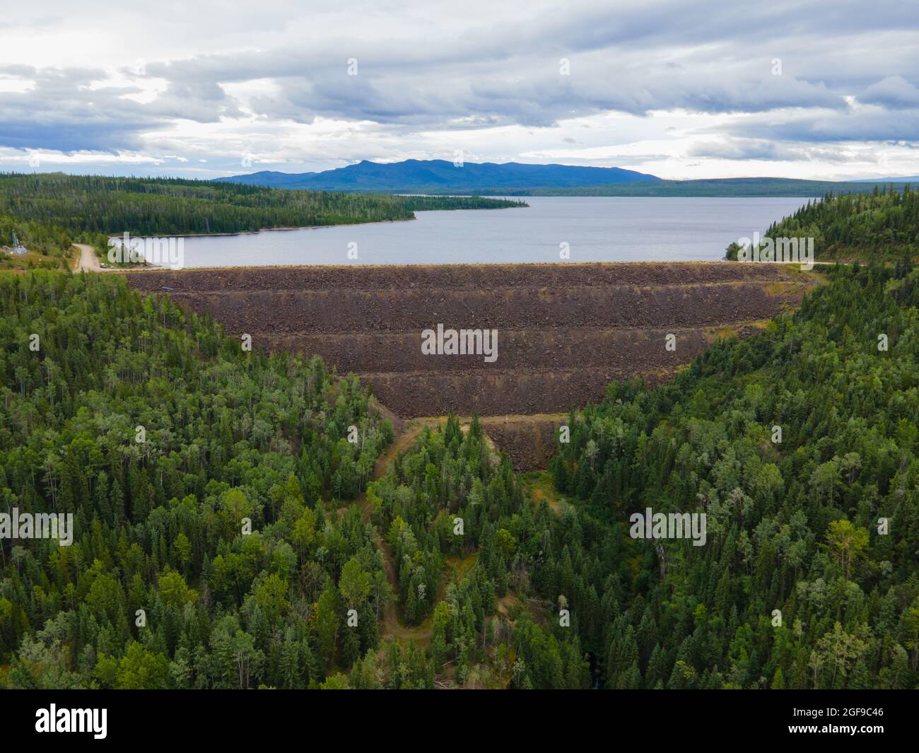 Kenny Dam in the Nechako reservoir and the now dry Nechako Canyon. Stock Photo