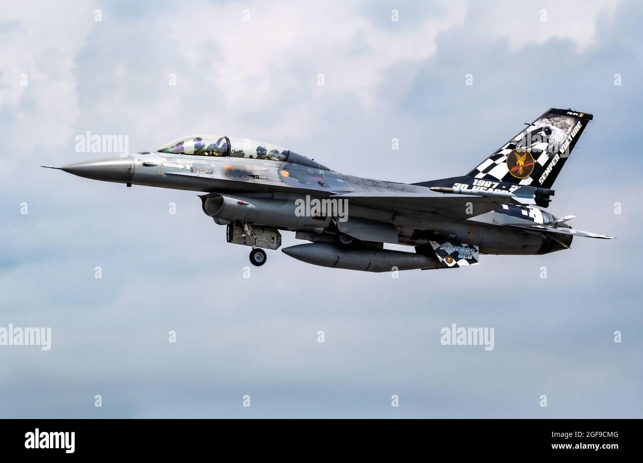 Special livery Belgian Air Force F-16B dual seater fighter jet taking off from Florennes Air Base. Belgium - June 15, 2017 Stock Photo