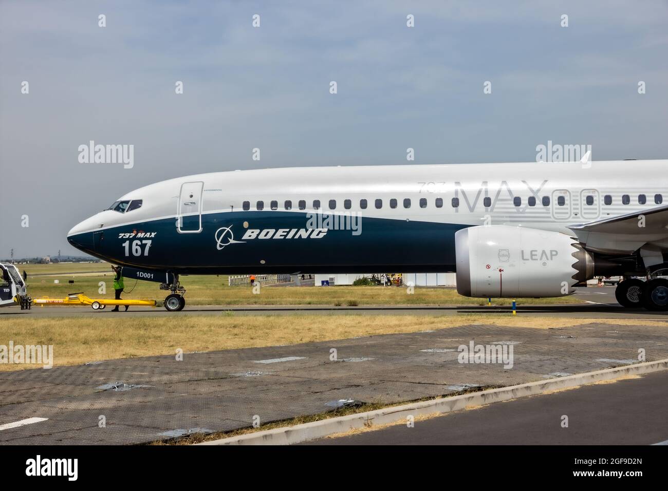 Boeing 737 MAX passenger plane towed towards the runway at the Paris Air Show. France - June 22, 2017 Stock Photo