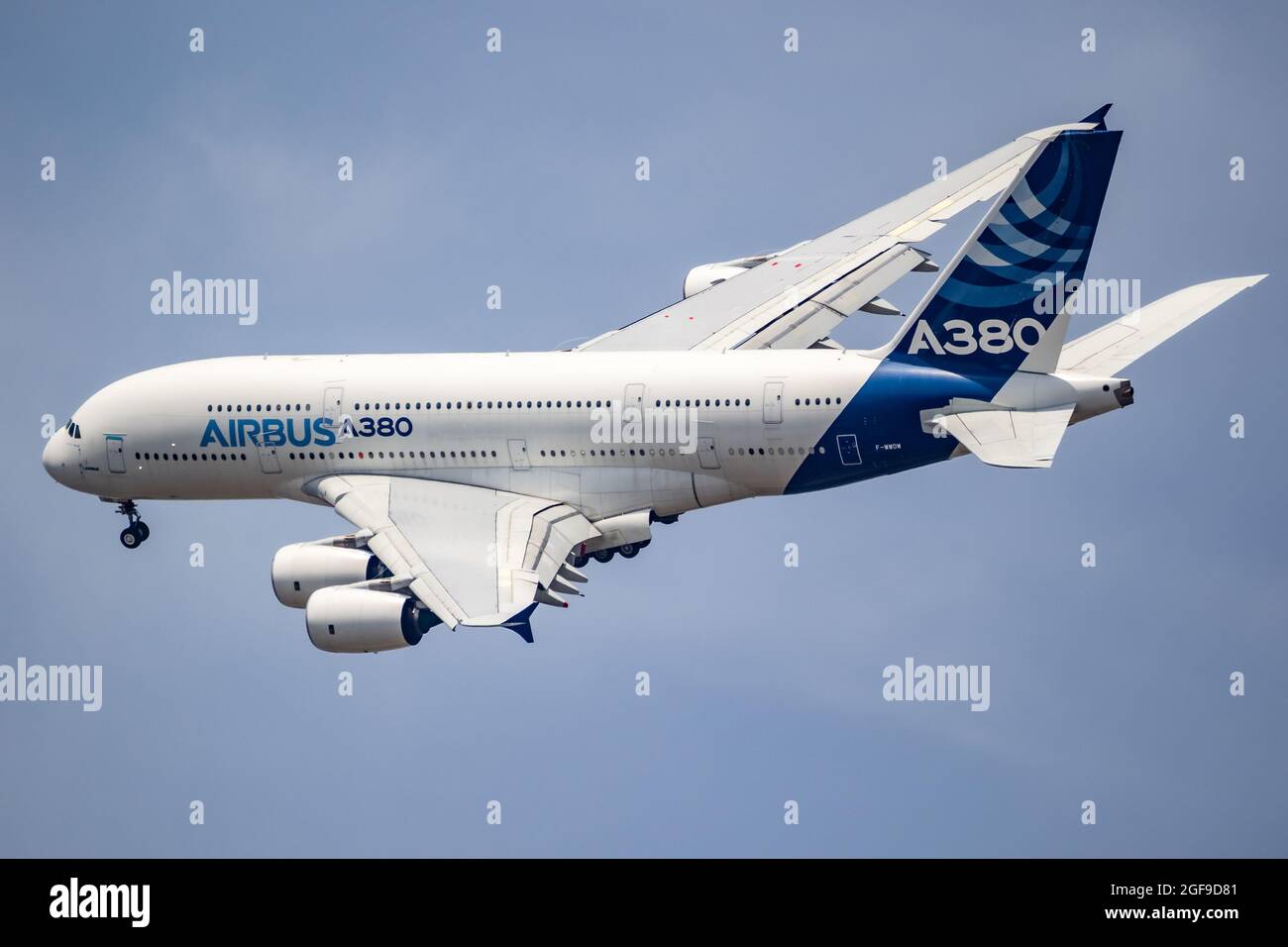 Airbus A380 double-decker passenger plane in flight during the Paris Air Show. France - June 22, 2017 Stock Photo