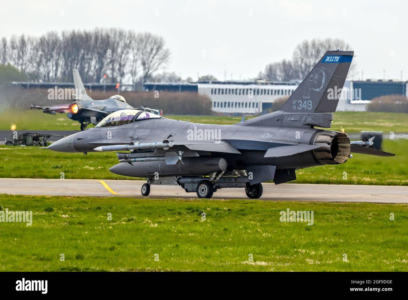 US Air Force F-16C fighter jet plane from 148th FW Minnesota Air National Guard before take off from Leeuwarden Airbase. The Netherlands - April 11, 2 Stock Photo