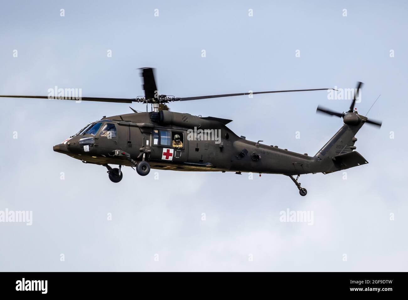 United States Army Sikorsky UH-60M Blackhawk medevac helicopter in flight. The Netherlands - July 6, 2020 Stock Photo