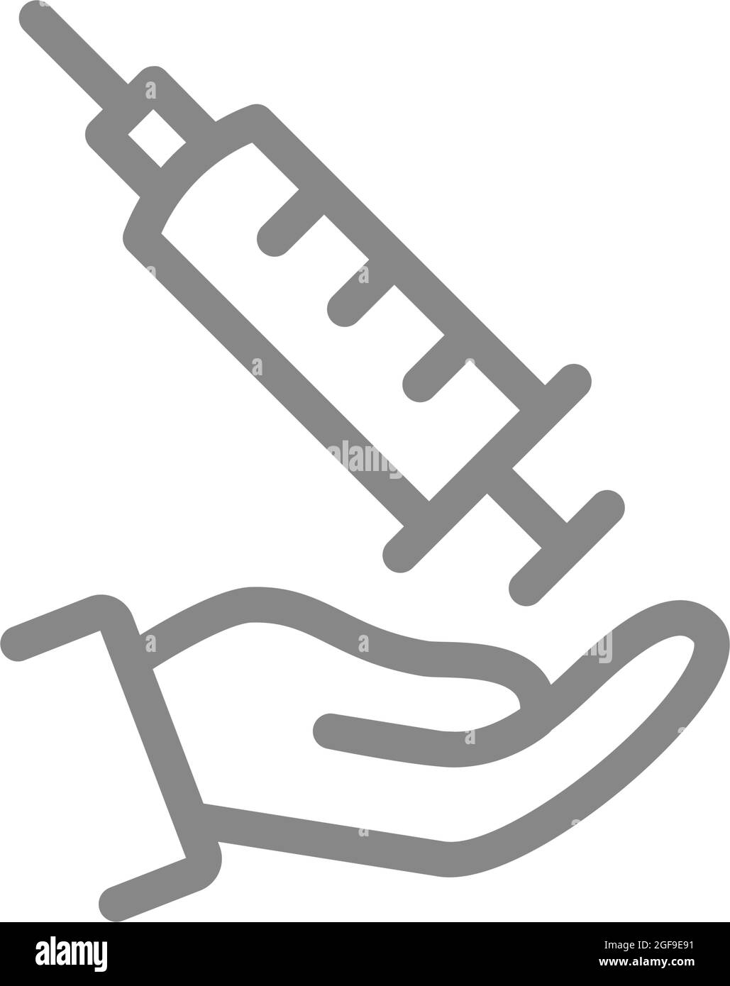 Medical syringe on hand line icon. Make an injection , vaccination, preventive measures, immunization Stock Vector
