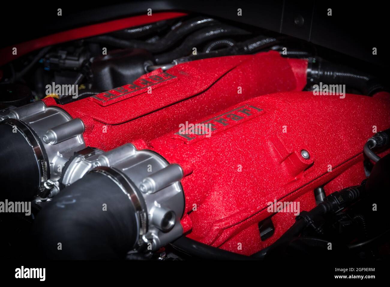 Ferrari engine logo inside the sports car showcased at the Brussels ...