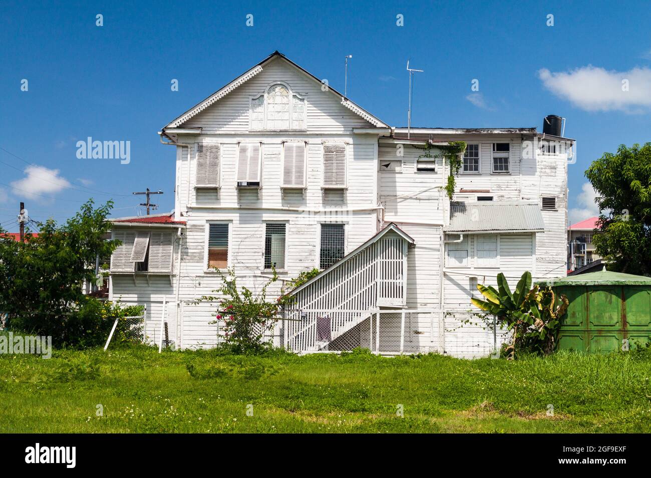 Traditional wooden house in capital of Guyana Stock Photo