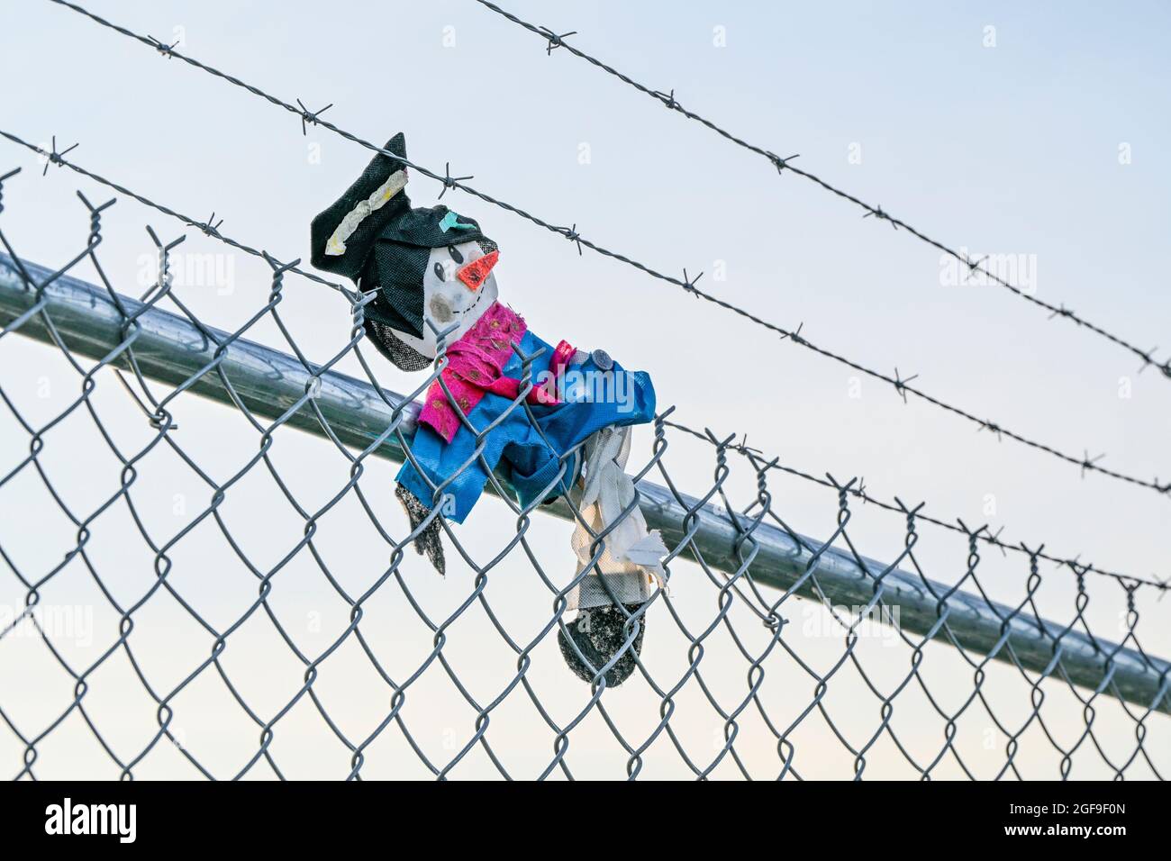 I'm outta here! toy scarecrow stuck on barbed wire fence Stock Photo - Alamy