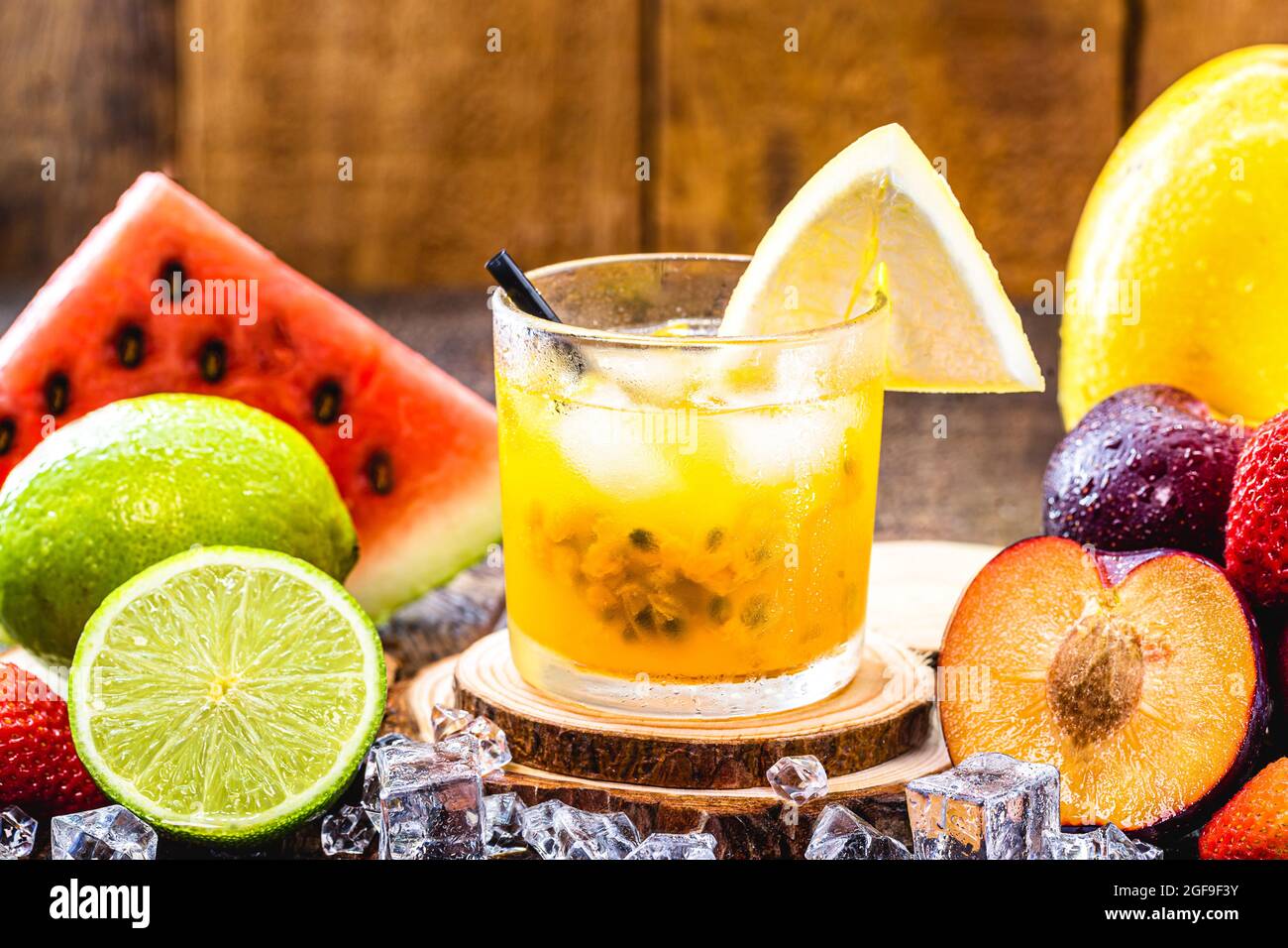 glass of typical Brazilian drink called caipirinha, passion fruit
