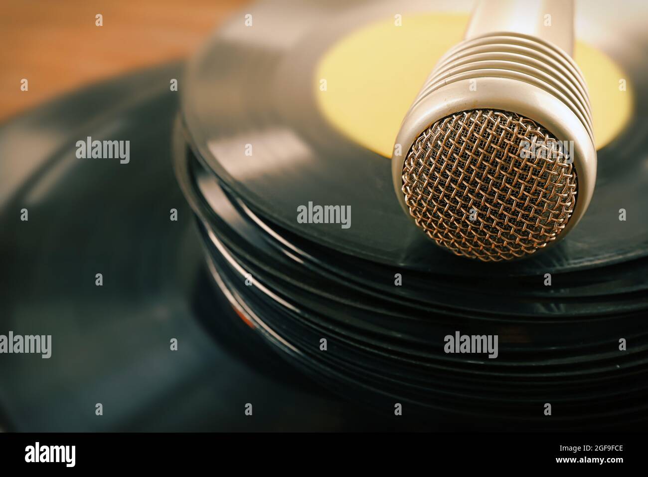 Stack of old vinyl records microphone, close up Stock Photo Alamy