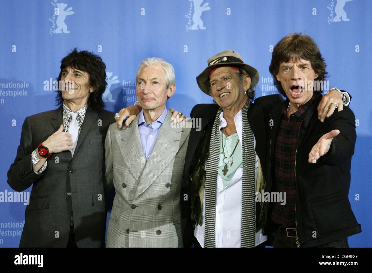 Berlin, Germany. 07th Feb, 2008. The Rolling Stones - Ron Wood (l-r), Charlie Watts, Keith Richards and Mick Jagger - stand at the photo shoot for the Berlinale opening film 'Shine a light'. Charlie Watts, the drummer of the legendary rock band Rolling Stones, is dead. Credit: Rainer Jensen/dpa/Alamy Live News Stock Photo