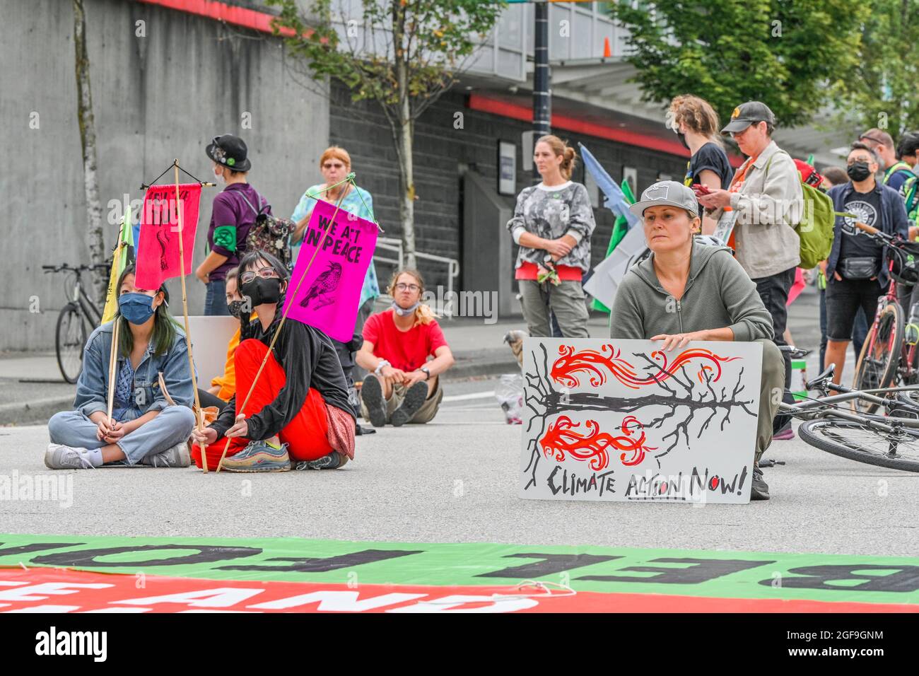 Protesters with Extinction Rebellion, occupy intersection of Georgia and Cambie, Vancouver, British Columbia, Canada Stock Photo