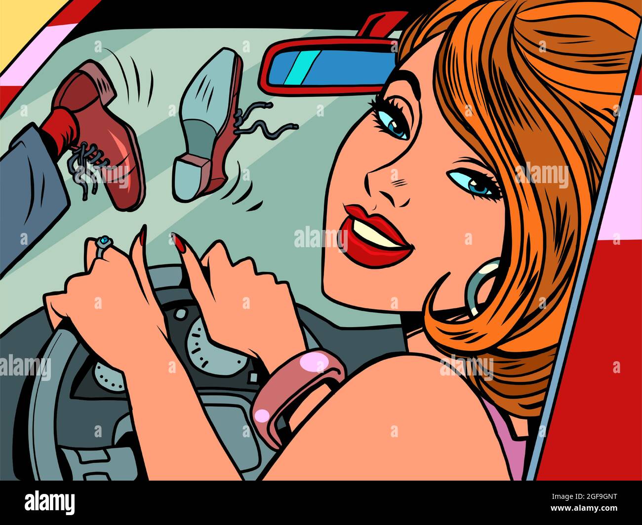 A beautiful female driver was distracted on the road and hit a pedestrian. Road accident Stock Vector