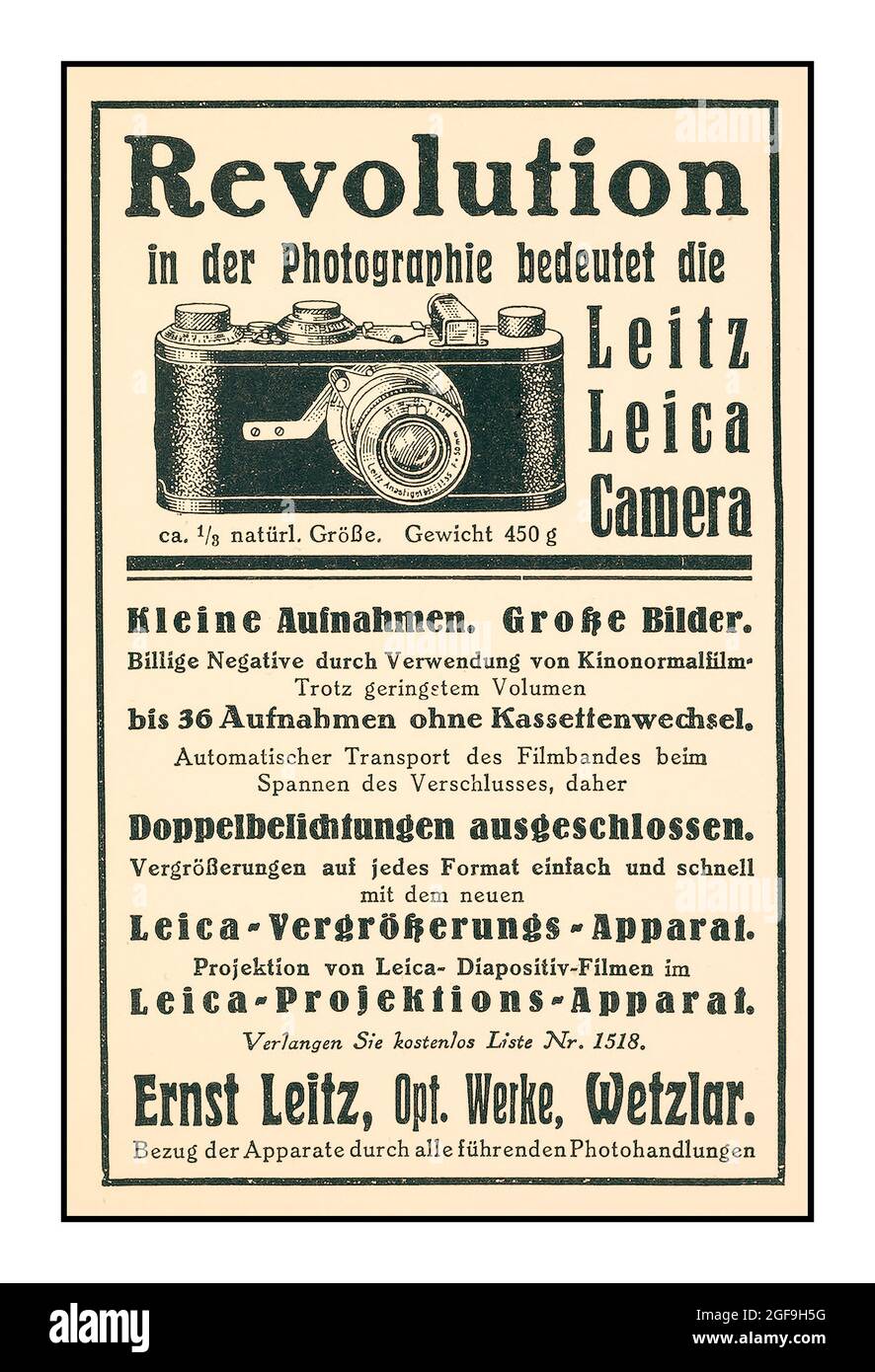 LEICA Vintage 1920s press advertisement for the Original Leica A (1) revolutionary 35mm film camera made by Leitz in Wetzlar Germany Stock Photo