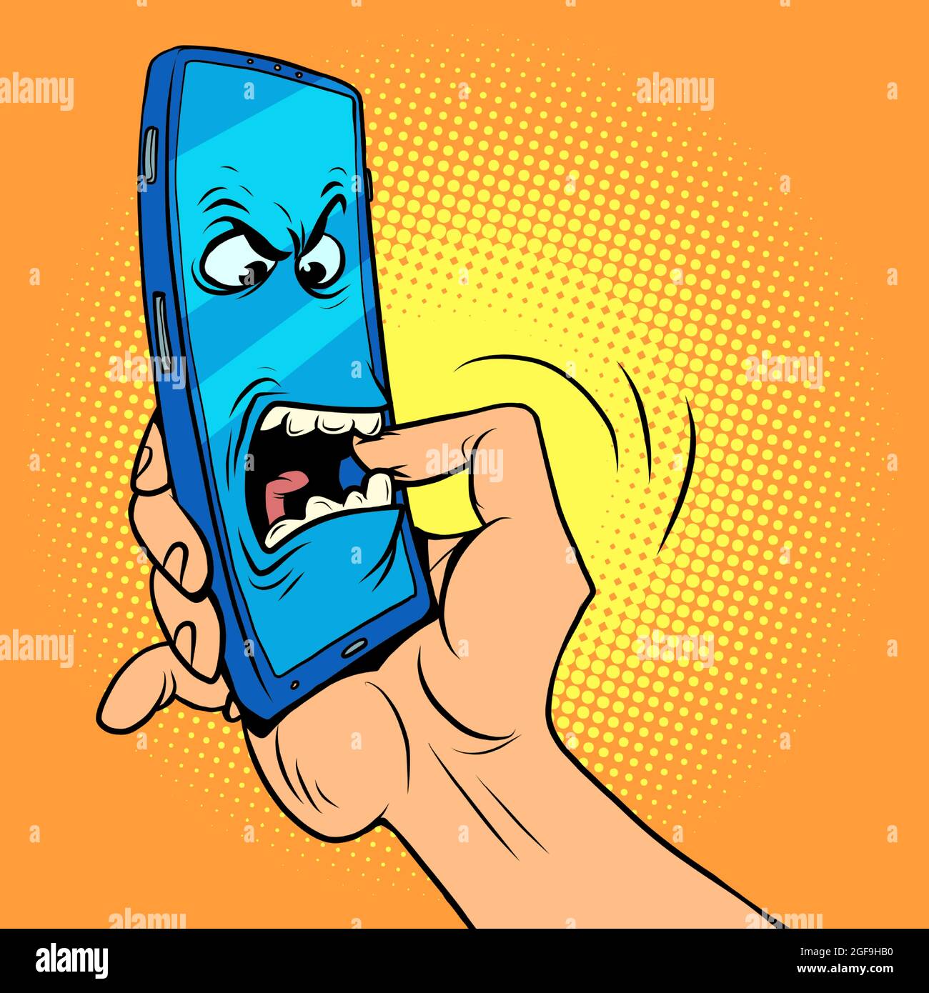 The smartphone character bites his hand. Dangerous mobile phones, information security and online addiction Stock Vector