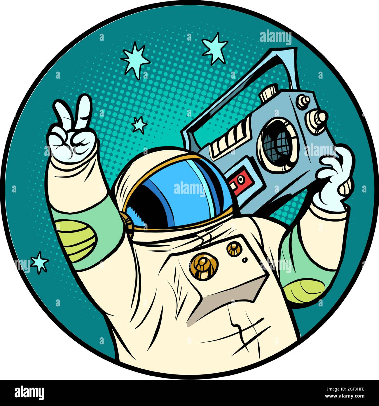 astronaut with a boombox, disco retro music, portable audio Stock Vector