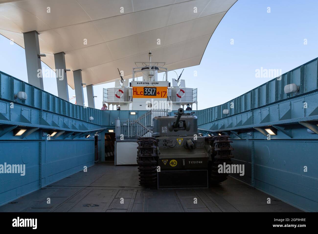 08-24-2021 Portsmouth, Hampshire, UK, A tank on the deck of the inside of LCT 7074 D-Day landing craft at the D-Day story museum in southsea UK Stock Photo