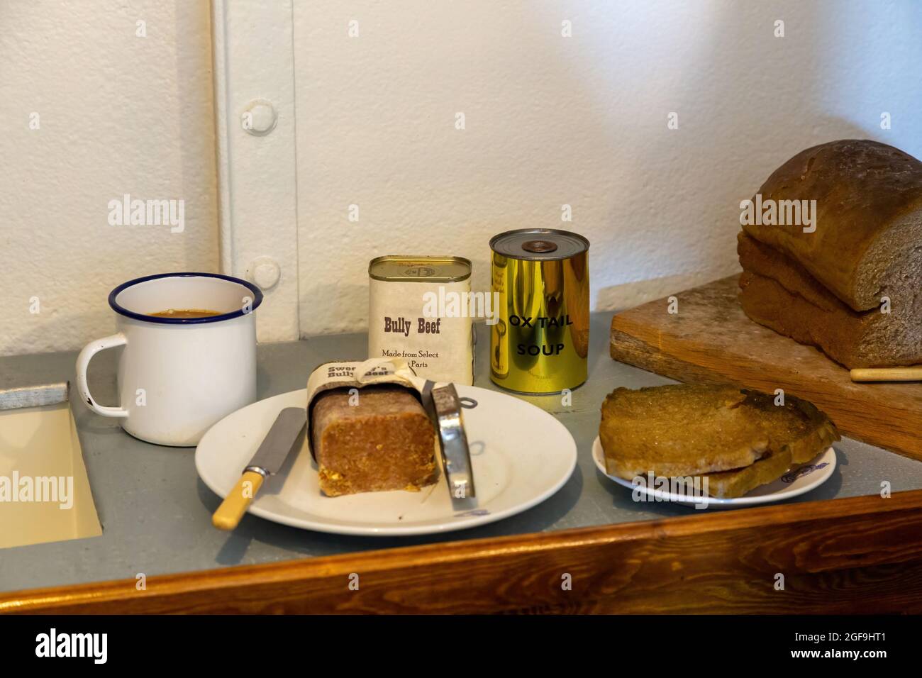 standard world war two food lain out on a table including bully beef, bread  and oxtail soup Stock Photo - Alamy