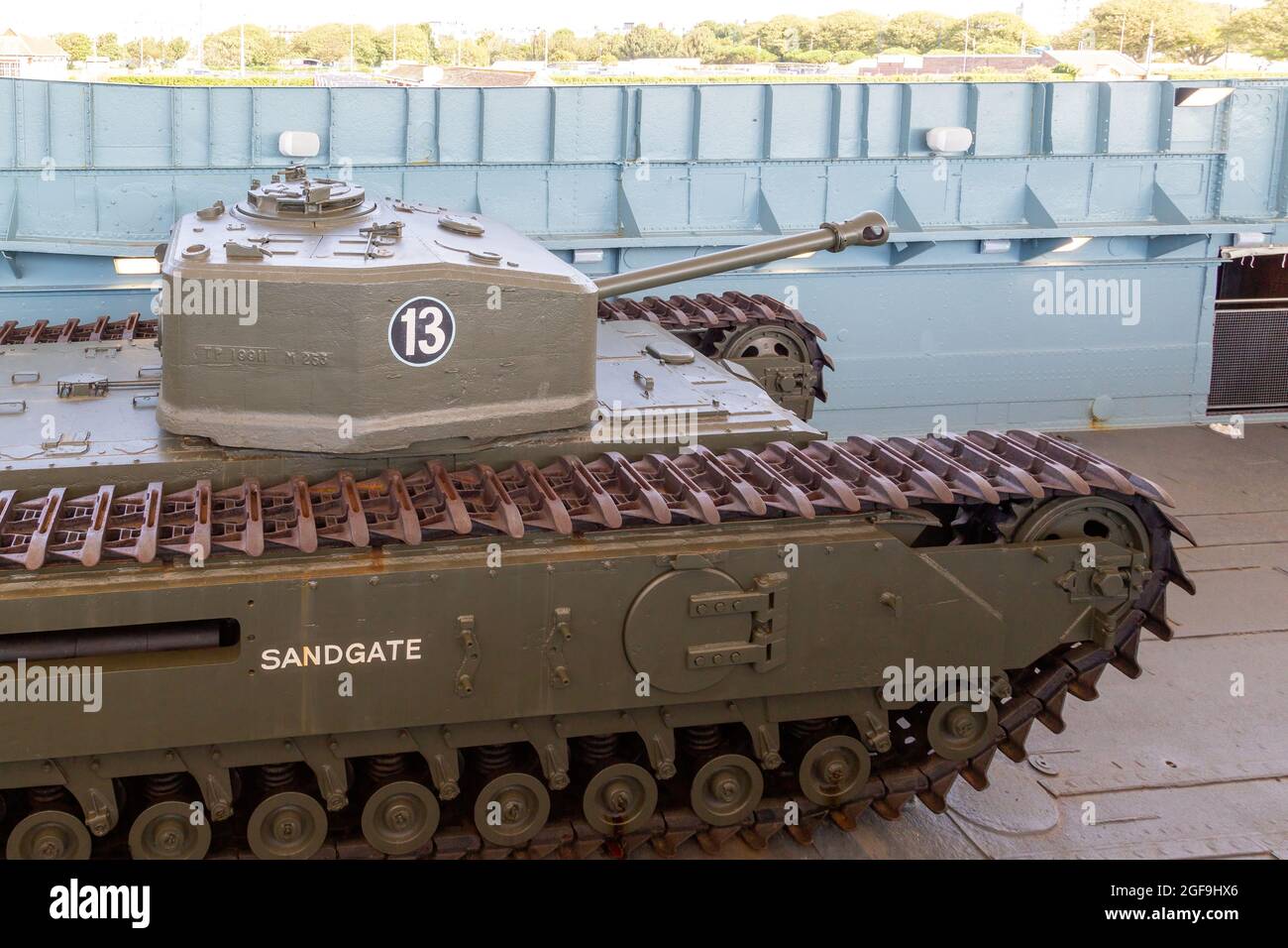 08-24-2021 Portsmouth, Hampshire, UK, A Churchills tank on the deck of a world war two landing craft, LCT 7074 at the D-day story museum Southsea Stock Photo