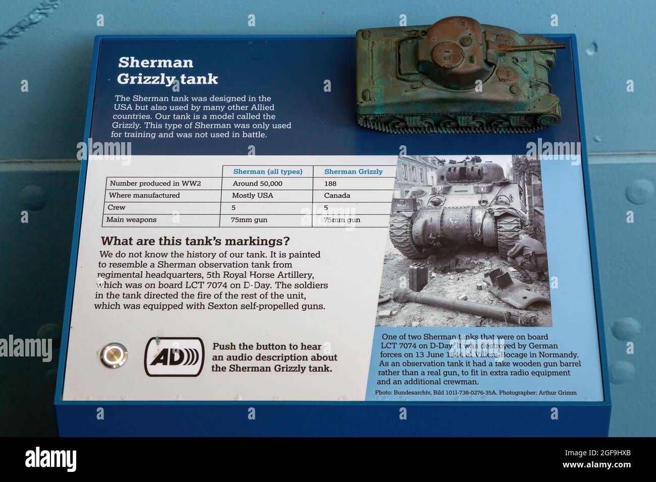 08-24-2021 Portsmouth, Hampshire, UK, a museum display showing the Sherman Grizzly tank with a model, a tank used in world war two and on D-Day Stock Photo