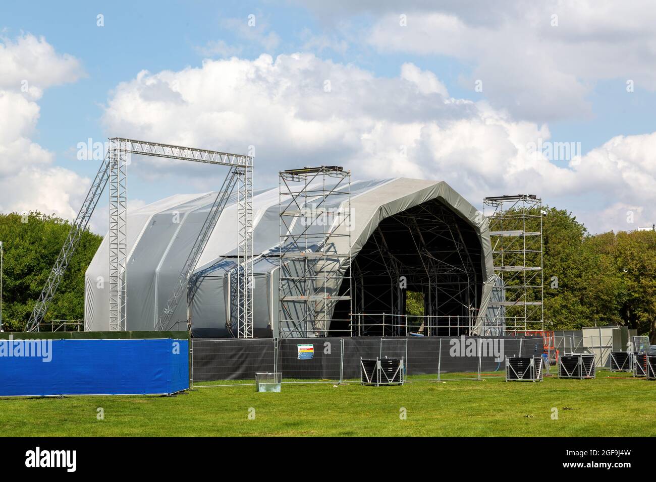 24-08-2021 Portsmouth, Hampshire, UK An Outdoor music festival stage being built for the Victorious festival in South UK Stock Photo