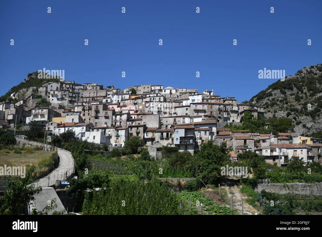 Panorama of Castelsaraceno, an old town in the province of Potenza ...