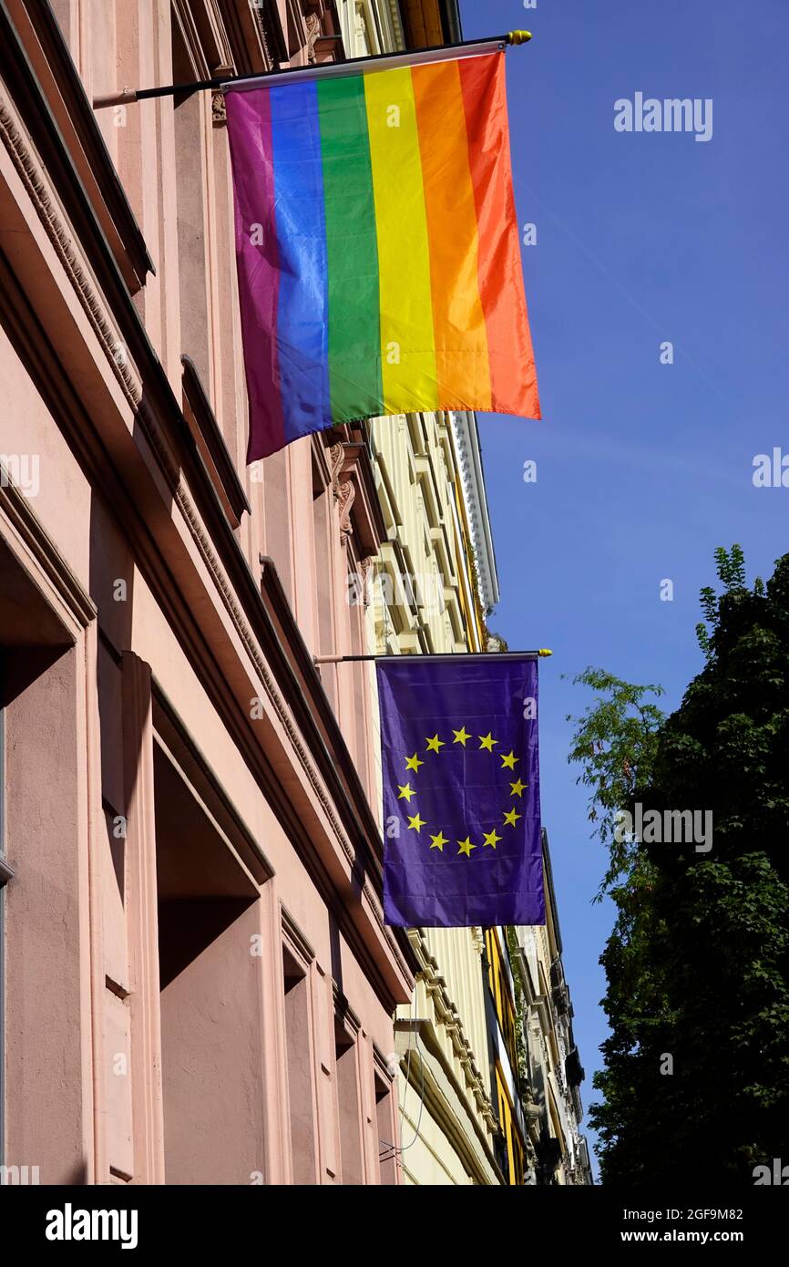 European and rainbow flags, Berlin Stock Photo