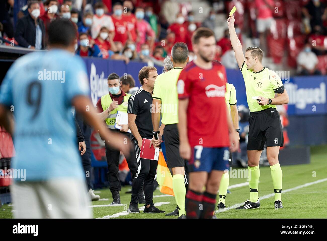 Pamplona, Spain. 23rd Aug, 2021. Oier Sanjurjo (defender; CA Osasuna) receives a yellow card during the Spanish La Liga Santander match between CA Osasuna and RC Celta at Sadar stadium.(Final Score; CA Osasuna 0:0 RC Celta) (Photo by Fernando Pidal/SOPA Images/Sipa USA) Credit: Sipa USA/Alamy Live News Stock Photo