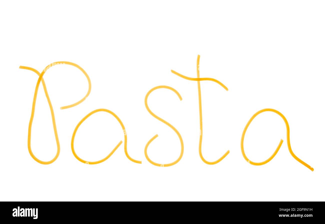Pasta word written with cooked spaghetti, isolated on white Stock Photo