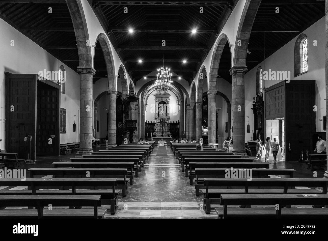SAN CRISTOBAL DE LA LAGUNA, CANARY ISLANDS, TENERIFE - JULY 03, 2021: Interior of Church of the Immaculate Conception. Black and white. Stock Photo