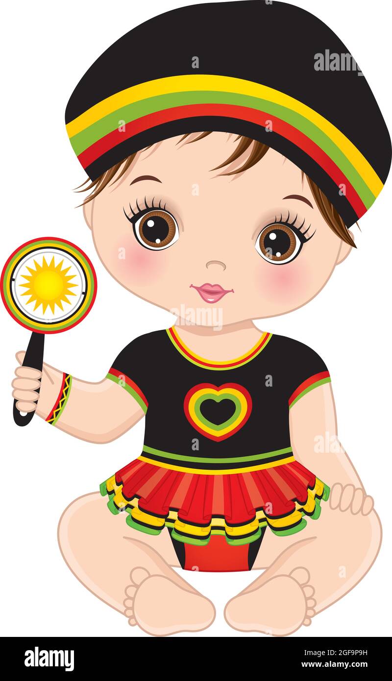 Cute Little Reggae Baby Girl Holding Rattle. Vector Reggae Baby Girl