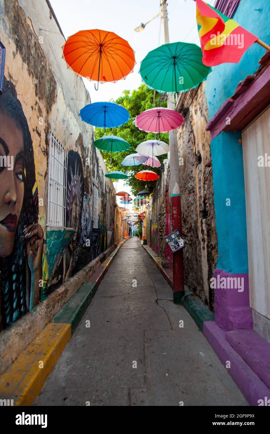 CARTAGENA, COLOMBIA Jul 26, 2021 The bright umbrellas hang over a