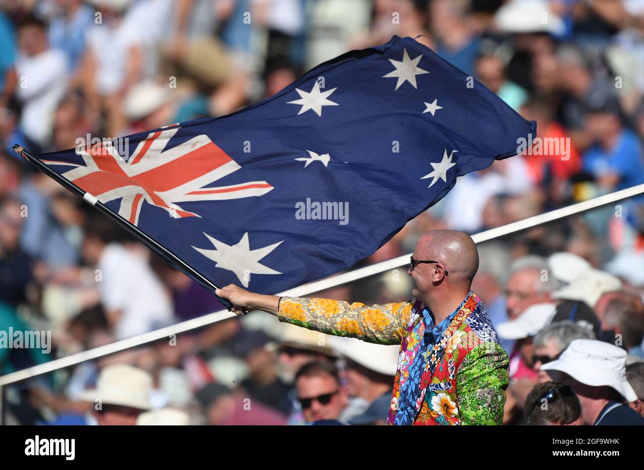 Australian cricket fan supporter waving flag England v Australia Day 02/08/2019 Stock Photo