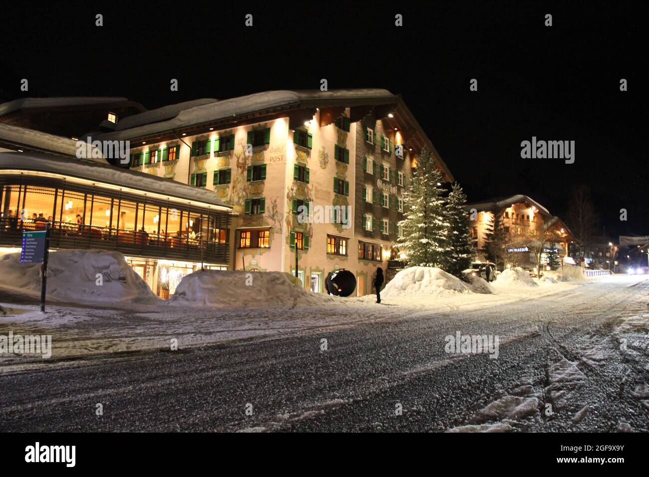 Lech, Austria - 04 01 2018: Hotel Gasthof Post, Lech am Arlberg at winter Night in Alpine Ski Village Stock Photo